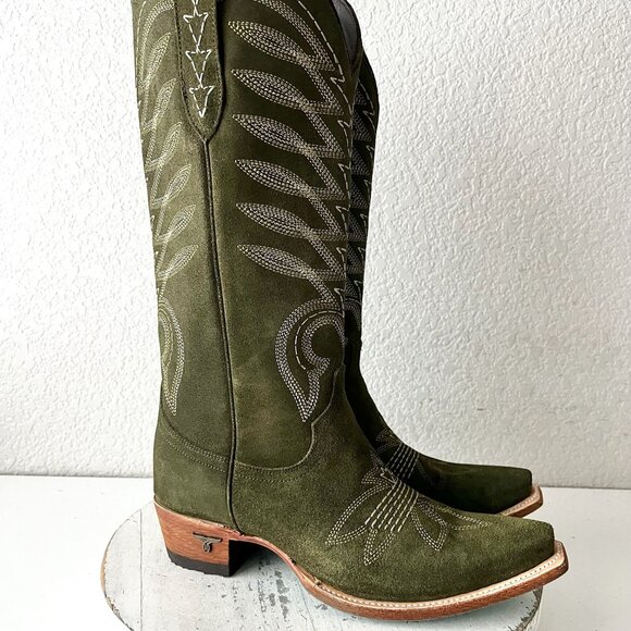 Lane SQUASH BLOSSUM Cowboy Boots Green Suede Western Cowgirl Mid Calf Size 8 - Picture 3 of 13